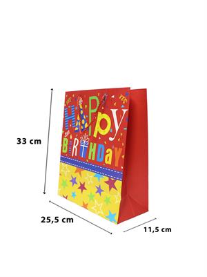 Karton Çanta Happy Birthday Yazılı Alışveriş Çantası Hediye Çantası Kırmızı 33 cm