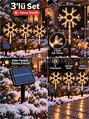 3lü Kar Tanesi Figürlü Kazıklı LED Yılbaşı Dekoru – Güneş Enerjili Solar 8 Fonksiyonlu Günışığı 50 cm