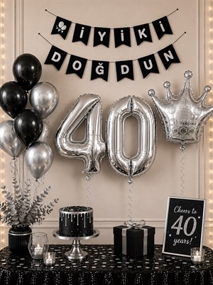 40 Yaş Balon Seti Doğum Günü Parti Seti Siyah Gümüş
