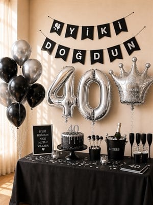 40 Yaş Balon Seti Doğum Günü Parti Seti Siyah Gümüş