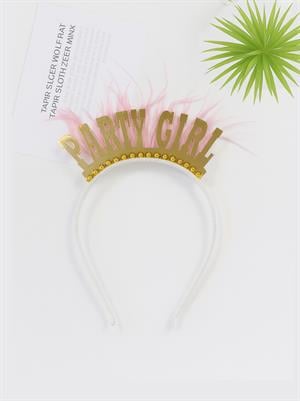 Party Girl Altın Pleksi Taç Pembe Kuş Tüylü Doğum Günü Parti Tacı