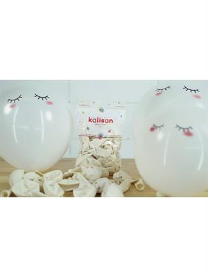 Sevimli Yüz Baskılı Balon Beyaz 12 inc 25li