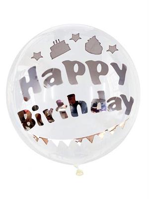 Happy Birthday Yazılı Doğum Günü Balonu Şeffaf Bobo Balon Gümüş