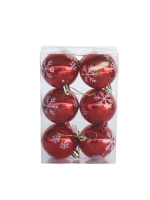 Yılbaşı Topları Kar Tanesi Desenli Çam Ağacı Süsleri Kırmızı 6 cm 6lı