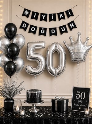 50 Yaş Balon Seti Doğum Günü Parti Seti Siyah Gümüş
