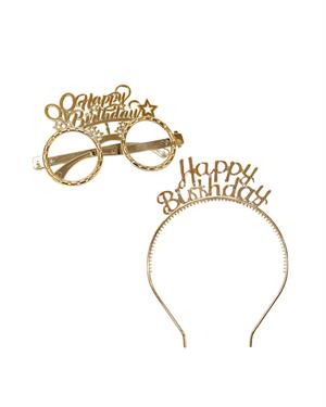 Happy Birthday Taç Gözlük Set Doğum Günü Parti Aksesuarı Gold  