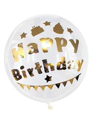 Happy Birthday Yazılı Doğum Günü Balonu Şeffaf Bobo Balon Altın