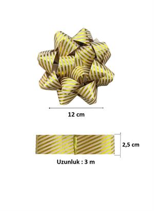 Hediye Paketleme Seti Kağıt Fiyonk ve Kurdele Kraft-Altın Çizgili 2li
