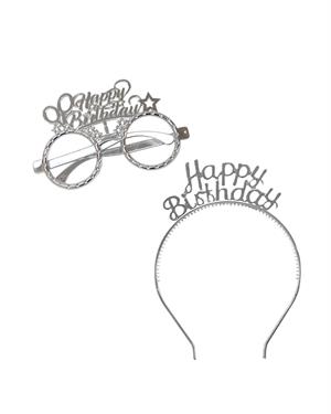 Happy Birthday Taç Gözlük Set Doğum Günü Parti Aksesuarı Gümüş