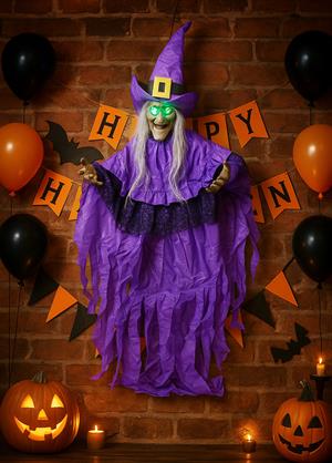 Cadılar Bayramı Cadı Figürlü Asılabilir Halloween Hareketli Işıklı Parti Dekoru Mor 185 cm