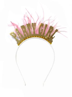 Party Girl Altın Pleksi Taç Pembe Kuş Tüylü Doğum Günü Parti Tacı