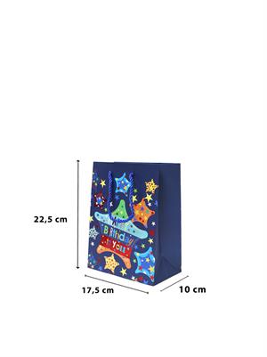 Karton Çanta Happy Birthday Yazılı Alışveriş Çantası Hediye Çantası Lacivert 22 cm