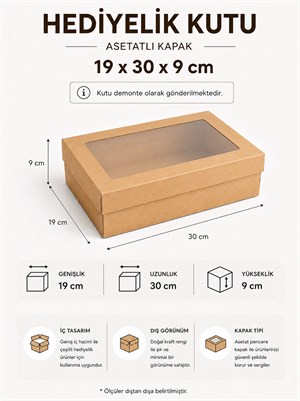 Asetat Pencereli Kraft Kutu Karton Hediye Kutusu 19X30X9 Cm