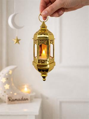 Asılabilir Ramazan Temalı Led Işıklı Pilli Dekoratif Fener – Altın 20 cm