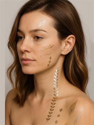 Metalik Geçici Dövme Seti Tavus Kuşu Tüy Desen Altın - Gümüş