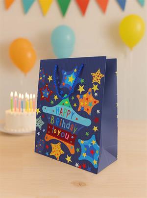Karton Çanta Happy Birthday Yazılı Alışveriş Çantası Hediye Çantası Lacivert 33 cm