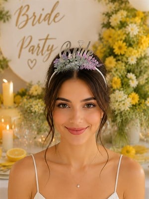 Bride Gümüş Pleksi Taç Lavanta Çiçekli Bekarlığa Veda Parti Tacı