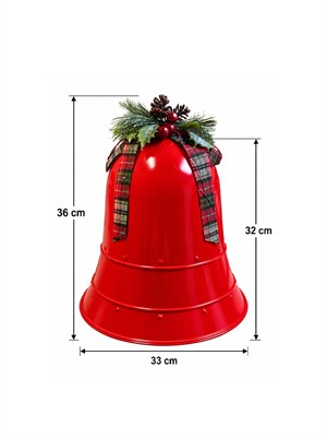 Büyük Kırmızı Yılbaşı Çanı 36 cm – Ekose Kurdeleli Çam Dallı Dekor