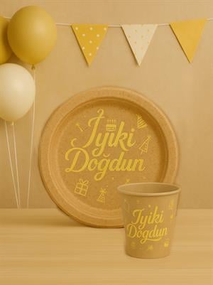 İyi Ki Doğdun Yazılı Doğum Günü Parti Tabak Bardak Set Kraft 8li