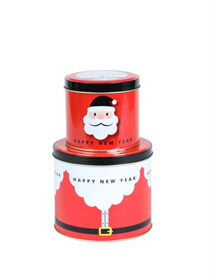 Yılbaşı Hediye Kutusu Noel Baba Temalı Yuvarlak Metal Saklama Kutusu 2li Set Kırmızı