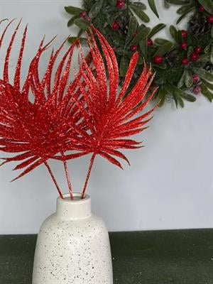 Yılbaşı Dekoru Simli Palmiye Yaprağı Dekoratif Dal Kırmızı 30 cm