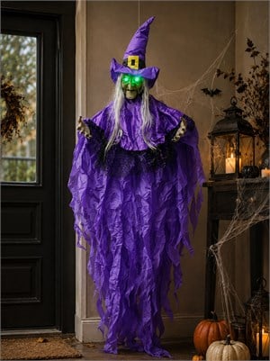 Cadılar Bayramı Cadı Figürlü Asılabilir Halloween Hareketli Işıklı Parti Dekoru Mor 185 cm
