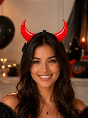 Cadılar Bayramı Işıklı Kırmızı Şeytan Boynuzu Taç – Halloween Parti Kostüm Aksesuarı  