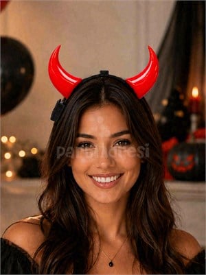 Cadılar Bayramı Işıklı Kırmızı Şeytan Boynuzu Taç – Halloween Parti Kostüm Aksesuarı  