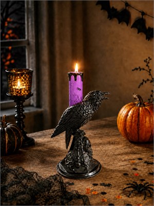 Cadılar Bayramı Karga Figürlü LED Işıklı Mum – Halloween Parti Dekoru Mor 20 cm 