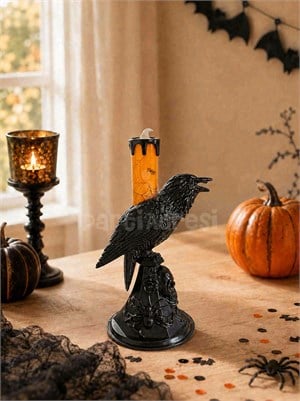 Cadılar Bayramı Karga Figürlü LED Işıklı Mum – Halloween Parti Dekoru Turuncu 20 cm 