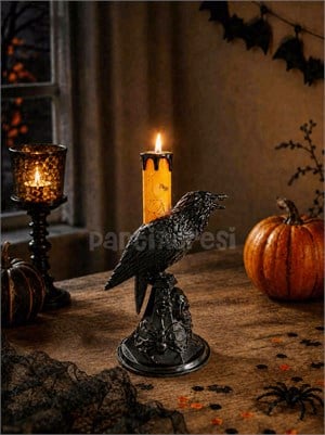 Cadılar Bayramı Karga Figürlü LED Işıklı Mum – Halloween Parti Dekoru Turuncu 20 cm 