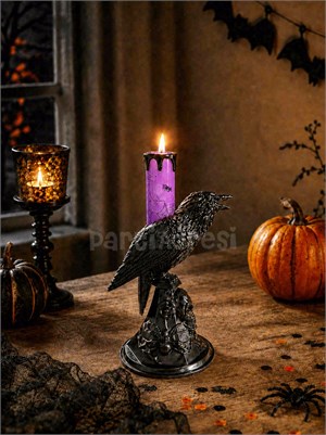Cadılar Bayramı Karga Figürlü LED Işıklı Mum – Halloween Parti Dekoru Mor 20 cm 