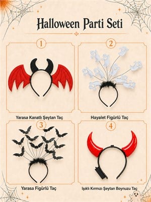 Cadılar Bayramı Parti Tacı Seti  –  Işıklı Şeytan Boynuzu Hayalet ve Yarasa Taç  - Halloween Setler ve Folyo Balon | Parti Adresi