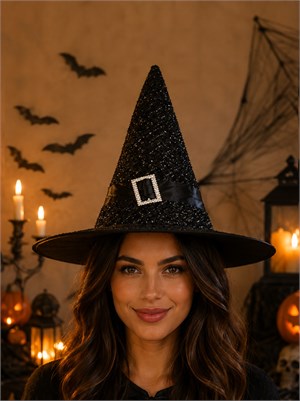 Cadılar Bayramı Simli Cadı Şapkası Halloween Parti Kostüm Aksesuarı Siyah 