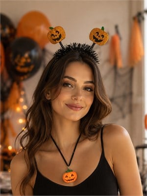 Cadılar Bayramı Simli Taç Balkabağı Kolye Set Halloween Parti Aksesuarı 