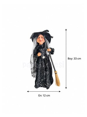 Cadılar Bayramı Süpürgeli Cadı – Halloween Parti ve Ev Dekorasyonu Siyah 33 cm