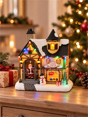 Candy Shop Temalı Yılbaşı Dekoru 26 cm – Müzikli Hareketli Işıklı Yılbaşı Süsü