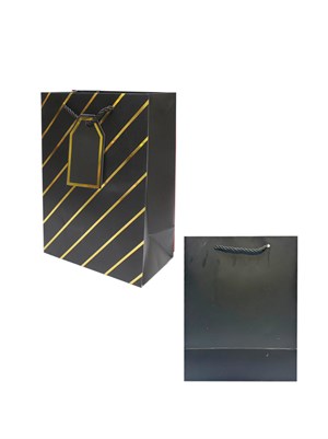 Çizgili Karton Hediye Çantası – Etiketli Lux Alışveriş Çantası Siyah 26x32x12 cm