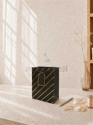 Çizgili Karton Hediye Çantası – Etiketli Lux Alışveriş Çantası Siyah 18x23x10 cm