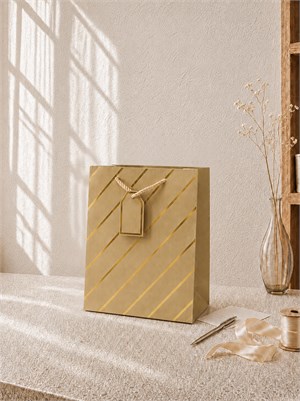 Çizgili Karton Hediye Çantası – Etiketli Lux Alışveriş Çantası Altın 26x32x12 cm