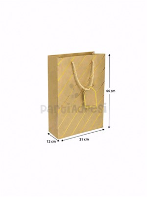 Çizgili Karton Hediye Çantası – Etiketli Lux Alışveriş Çantası Altın 31x44x12 cm
