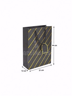 Çizgili Karton Hediye Çantası – Etiketli Lux Alışveriş Çantası Siyah 31x44x12 cm