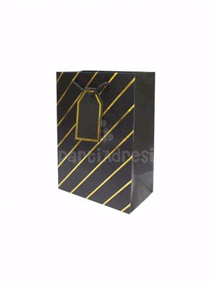 Çizgili Karton Hediye Çantası – Etiketli Lux Alışveriş Çantası Siyah 31x44x12 cm