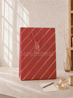Çizgili Karton Hediye Çantası – Etiketli Lux Alışveriş Çantası Bordo 31x44x12 cm