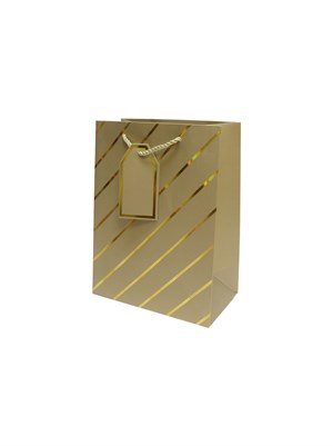 Çizgili Karton Hediye Çantası – Etiketli Lux Alışveriş Çantası Altın 26x32x12 cm