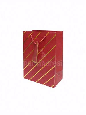 Çizgili Karton Hediye Çantası – Etiketli Lux Alışveriş Çantası Bordo 31x44x12 cm