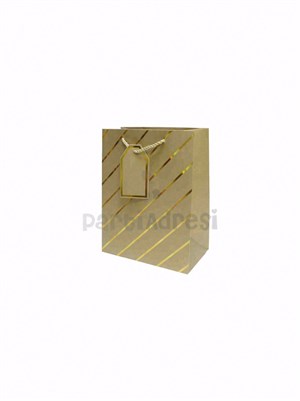 Çizgili Karton Hediye Çantası – Etiketli Lux Alışveriş Çantası Altın 18x23x10 cm