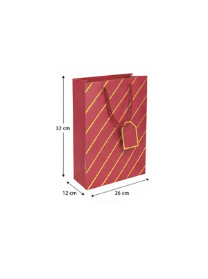 Çizgili Karton Hediye Çantası – Etiketli Lux Alışveriş Çantası Bordo 26x32x12 cm