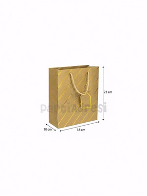 Çizgili Karton Hediye Çantası – Etiketli Lux Alışveriş Çantası Altın 18x23x10 cm
