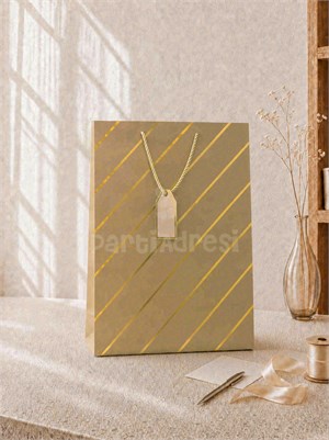 Çizgili Karton Hediye Çantası – Etiketli Lux Alışveriş Çantası Altın 31x44x12 cm